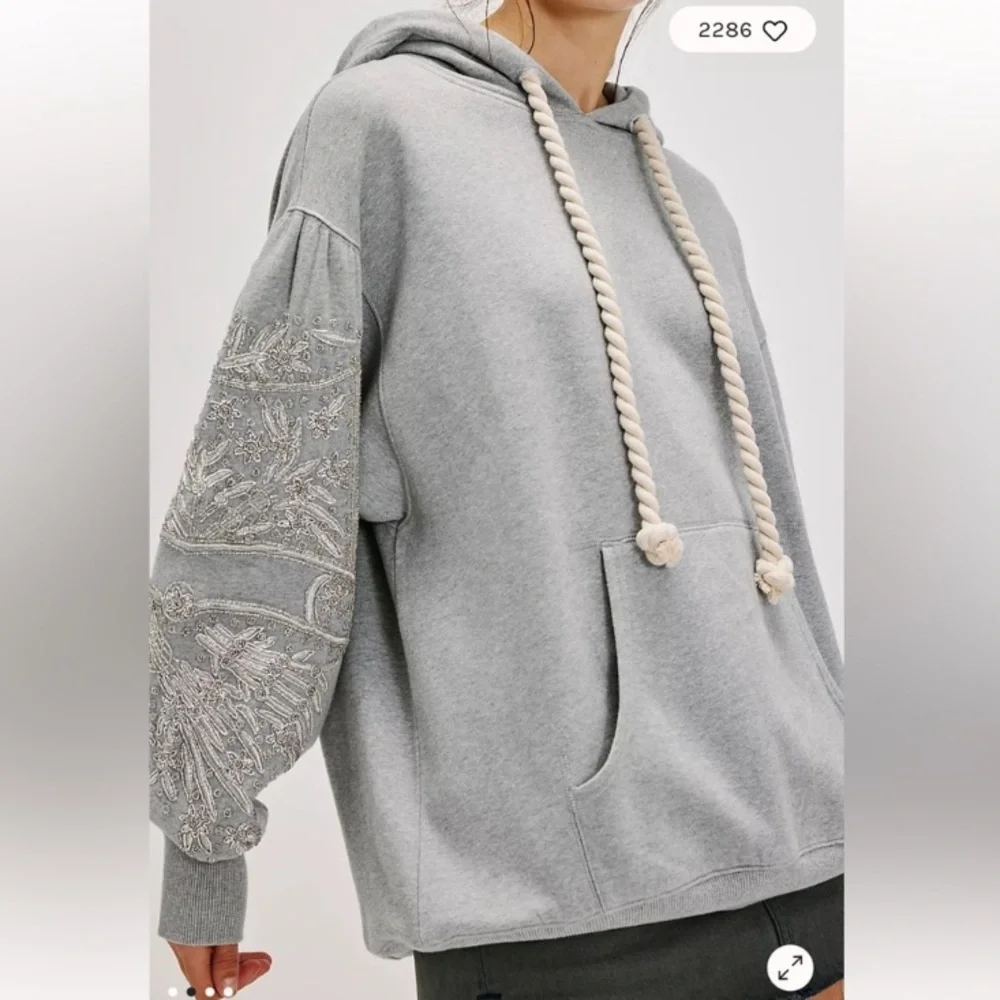 Free People - Encrusted Hoodie - Heather Grey NWT Sz L - Picture 1 of 8